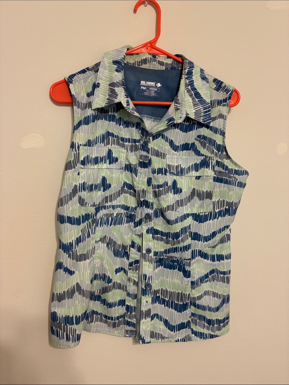 Green and Blue Sleeveless Button-Down Top